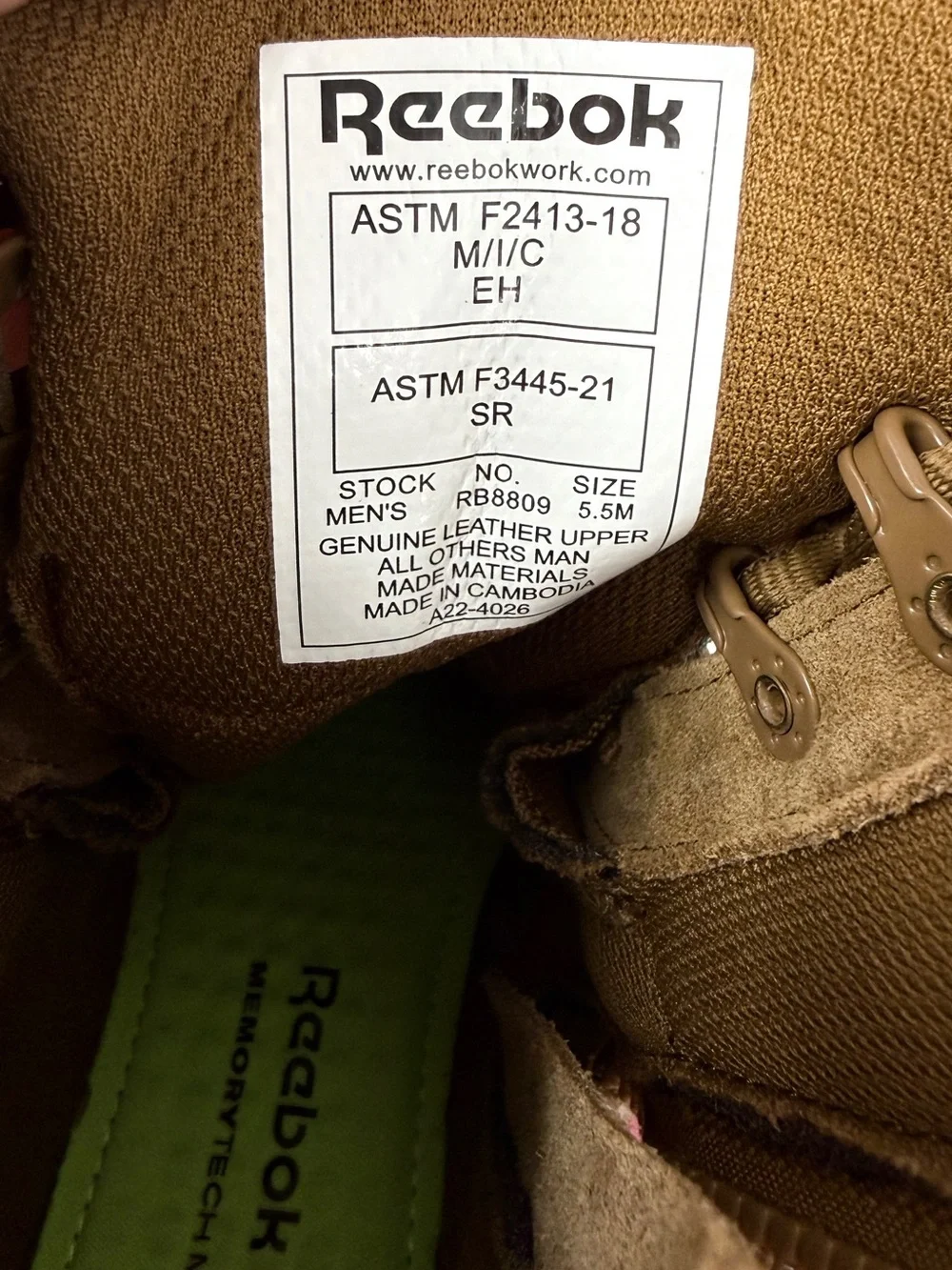 Reebok Sublite Cushion Tactical Boots Men’s 5.5 Coyote Composite Toe Side Zip